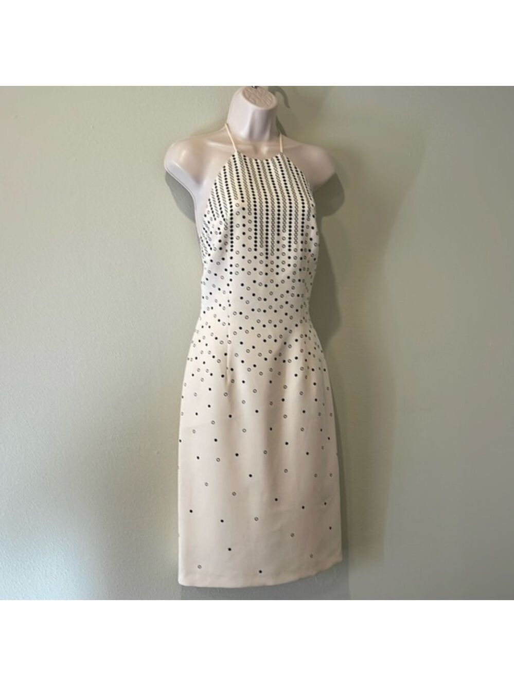 David Meister Cream and Black Dot Halter Dress, Small